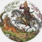 alt="مینیاتور ایرانی با سوارکار سنتی بر اسب خاکستری در حال شکار آهو در میان طبیعت، با درختان گلدار و خرگوش در پیش‌زمینه، طراحی ظریف و رنگ‌های گرم و هماهنگ"