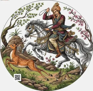 alt="مینیاتور ایرانی با سوارکار سنتی بر اسب خاکستری در حال شکار آهو در میان طبیعت، با درختان گلدار و خرگوش در پیش‌زمینه، طراحی ظریف و رنگ‌های گرم و هماهنگ"