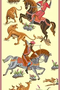 alt="نخ و نقشه قالیچه سواران شکارچی"