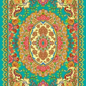 alt="طرح بهار ختایی - نقشه سنتی و عددی فرش با نقوش ختایی و رنگ فیروزه‌ای و طلایی"