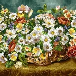 alt="نخ و نقشه تابلو فرش سبد شکوفه‌ها"