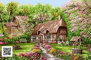 alt="نخ و نقشه تابلو فرش کلبه گل ها"